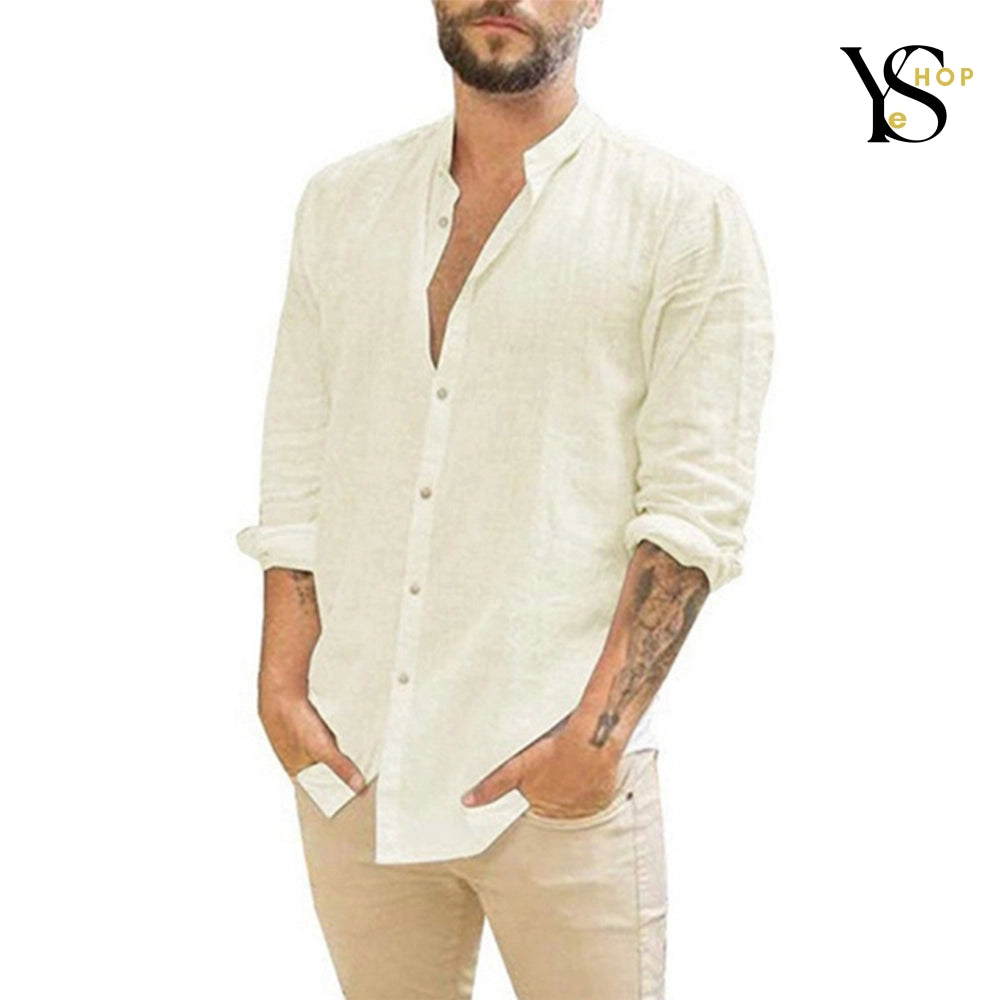 Stay Refined This Summer with Our Cotton Linen Men’s Long-Sleeved Shirts – Solid Color, Stand-Up Collar, Casual Beach Style, and Plus Sizes | YeuroShop