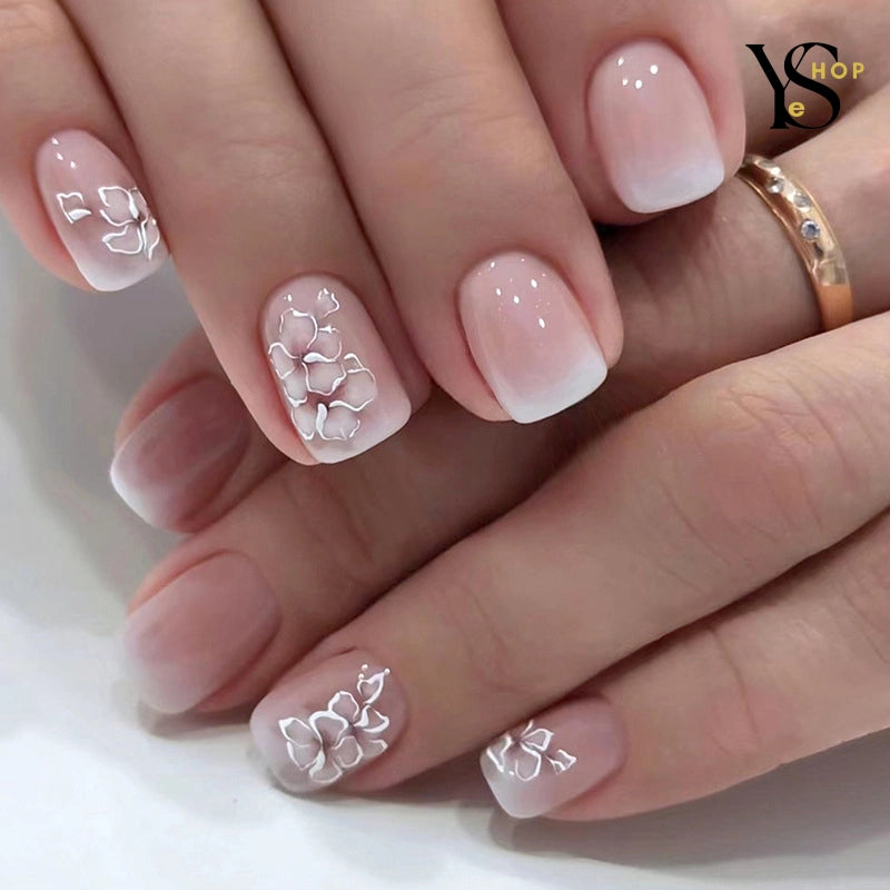 24pcs Short Square False Nails - Glitter Flower Wave French Press-On Nails