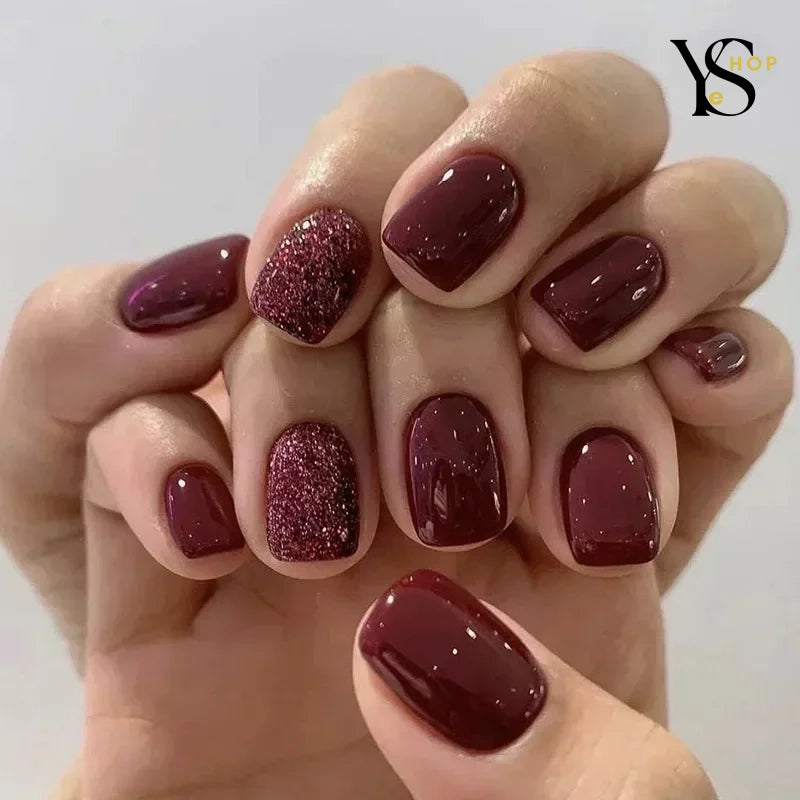 Transform Your Style with 24pcs Glittery Wine Red Press-On Nails – Chic Square and Round Designs | YeuroShop