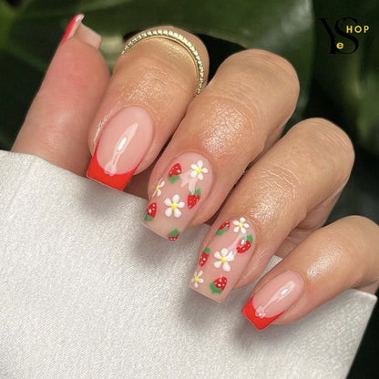 24Pcs Short Square Fake Nails - Colorful Flower Design Press-On with Glue