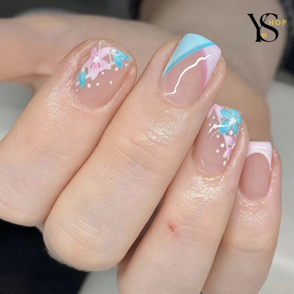 24Pcs Short Square Fake Nails - Colorful Flower Design Press-On with Glue